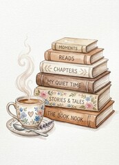 Naklejka premium Stack of Books with Steaming Coffee Cup and Floral Design