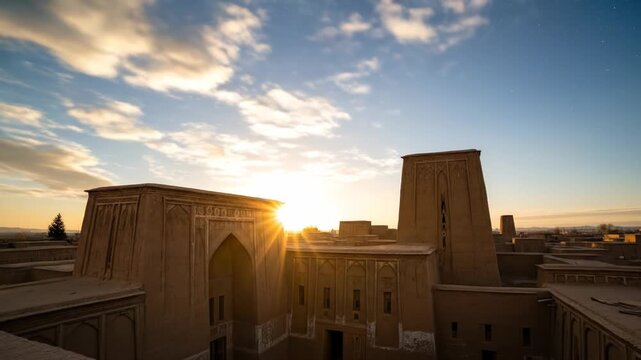Dynamic Desert City Sunrise Time-Lapse: Ancient Architecture Awakens Under Evolving Sky
