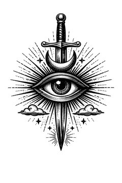 Mystical All-Seeing Eye of Providence, Celestial Crescent Moon, Engraved Sword, radiating Cosmic Rays, Stars, Ethereal Clouds. Esoteric emblem: spiritual enlightenment, vigilance, wisdom, protection,