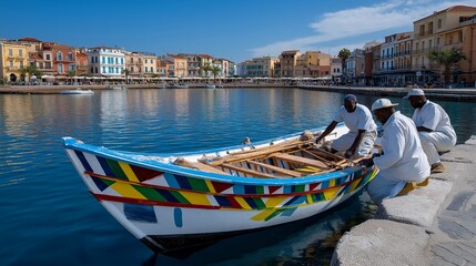 Fototapeta premium Traditional wooden fishing boat being hand painted by craftsmen in a colorful Mediterranean harbor, perfect for maritime craft heritage, fishing vessel restoration, traditional boat, harbor