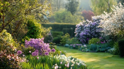 Obraz premium natural spring garden landscape with blooming flowers soft meadow style planting