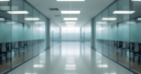 Fototapeta premium Blurred Modern Office Corridor Background with Glass Walls