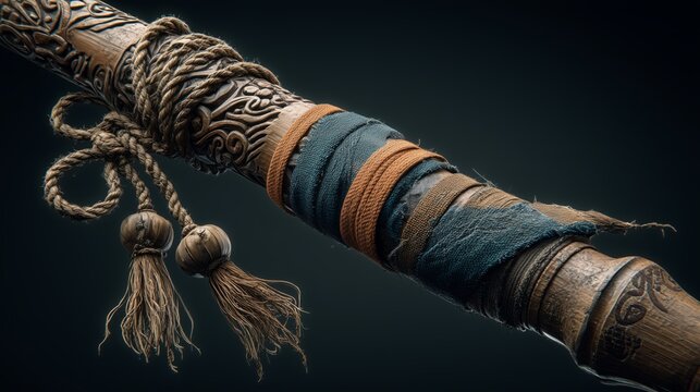 weathered wooden staff with carved patterns wrapped cloth warrior weapon