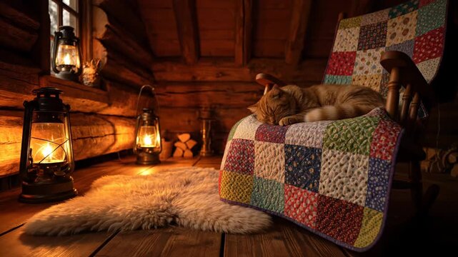 Warmth and Serenity: Ginger Cat's Peaceful Slumber in a Cozy Log Cabin Retreat