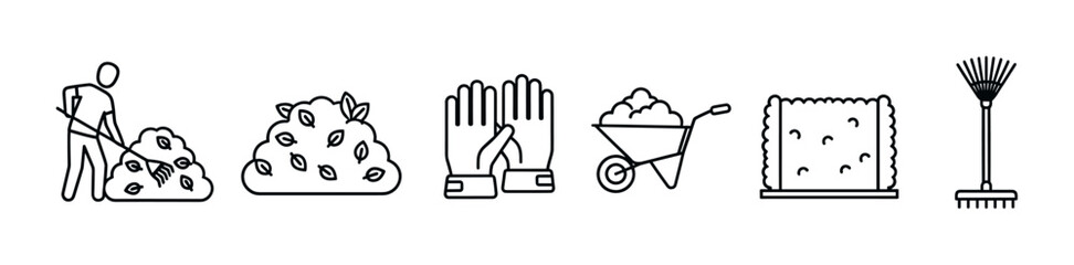 Fototapeta premium Gardening and yard work line art icons showing a person raking, a pile of leaves, gloves, a wheelbarrow, a waste bag, and a rake in a minimalist black and white style