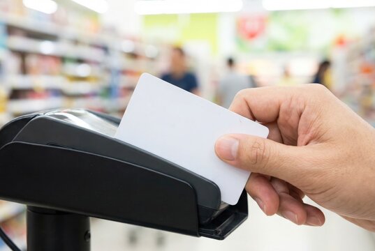Hand inserting a blank white credit card into a payment terminal at a retail store checkout