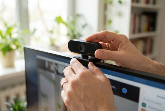Hands installing and adjusting a small black webcam on top of a desktop computer monitor