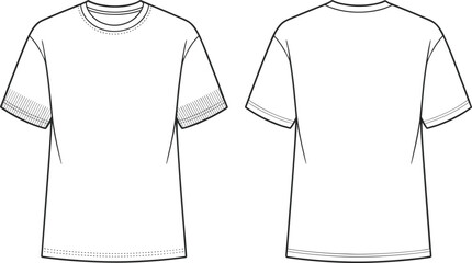 Flat technical sketch of basic unisex crew neck t-shirt with short sleeves, front and back view, minimal fashion design template.