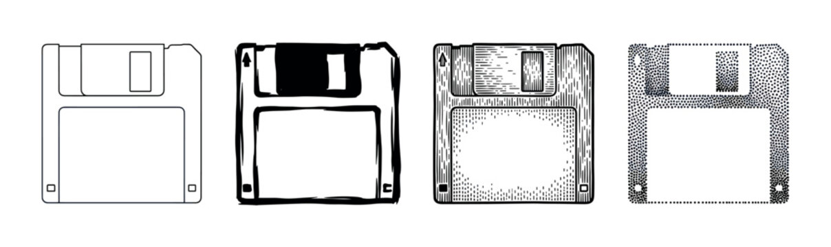 Four black floppy disk illustrations in different artistic styles including line art, brush stroke, engraving, and stippling, representing retro computer data storage technology