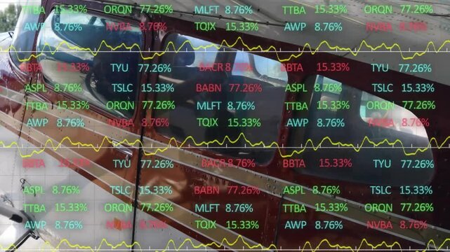 Airplane exterior with superimposed stock market data and graphs, illustrating the intersection of aviation and financial markets.