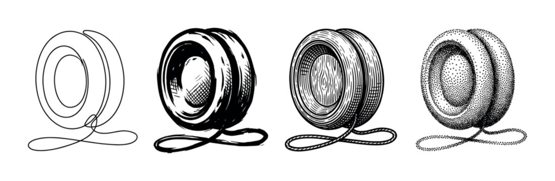 Four black and white yo-yo toy illustrations showcasing different artistic styles including line art, brushstroke, engraving, and stippling in a classic, hand-drawn set