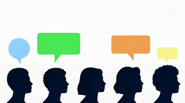Colorful speech bubbles appearing above silhouette avatars in a minimal 3D animation, representing communication, dialogue, and brainstorming concepts for corporate marketing.