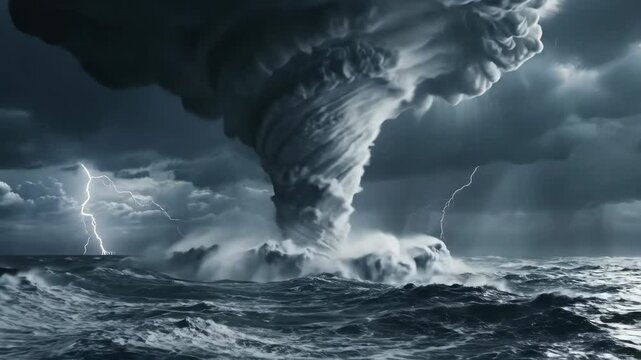 Powerful tornado forming over ocean waves with dark stormy clouds and lightning dramatic weather conditions