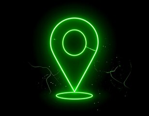 Neon green location pin icon, centered, on a black background with subtle crackle details