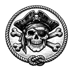 Fototapeta premium Engraved Pirate Skull Emblem: Black and white illustration with eyepatch, bandana, tricorne hat, Jolly Roger, crossed bones. Nautical rope frame with mariner's knot. Woodcut adventure, rebellion, mari