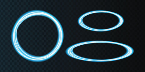 Abstract blue neon light circles glowing neon rings isolated on dark background set of magic luminous portals © riazul
