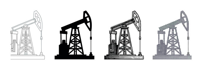Naklejka na ściany i meble Set of four oil pumpjack illustrations in various graphic styles including simple line art, a solid black silhouette, a detailed woodcut, and a pixelated halftone pattern