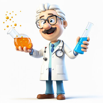 smiling male scientist wearing a white lab coat with a stethoscope around his neck holding two glass flasks filled with orange and blue chemical liquids.
