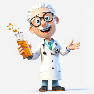 happy male scientist wearing black glasses and a white lab coat holding a glass flask with bubbling orange liquid in a professional laboratory research setting.