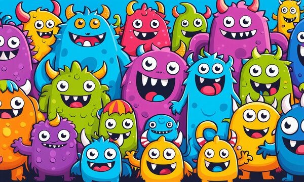colorful group of friendly cartoon monsters with diverse horns big smiles multiple eyes and vibrant bodies crowded together in a playful fantasy world collection.