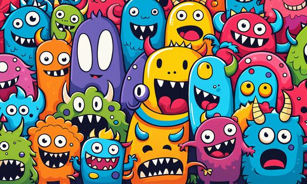 diverse assortment of quirky cartoon monsters with colorful bodies multiple eyes and funny expressions gathered in a bright fantasy crowd with various horns.