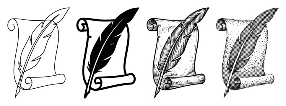 Set of four quill pens on paper scrolls presented in various artistic styles like simple outline, black silhouette, detailed engraving, and halftone dotwork