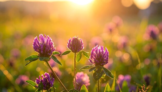 Purple clover blossoms bathed in warm sunlight, soft focus grassy background with blurred bokeh highlights