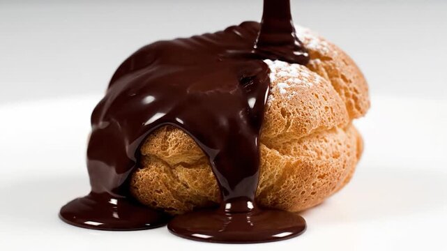 Chocolate being poured on cream puff.