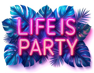 Neon "Life is Party" text amidst tropical leaves, with striking blue and pink hues, creating a vibrant, festive vibe