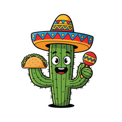 A cheerful cartoon cactus wearing a colorful sombrero holds a taco and maracas against a clean white background with a playful and festive mood.