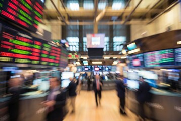 Fototapeta premium Blurry motion of traders working in a busy stock exchange with digital displays