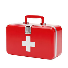Obraz premium A red first aid kit with a white cross symbol on the front isolated on transparent background