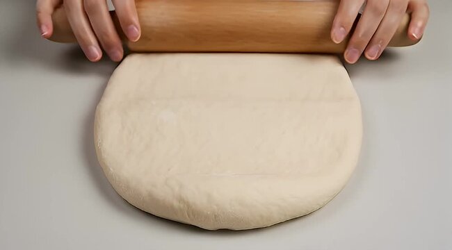 Closeup of a person using a rolling pin to flatten dough preparation