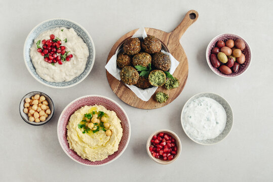 hummus, falafel, mutabbal, qudsia and baba ghanoush