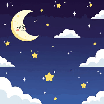 Crescent Moon with Smiling Face in Night Sky.