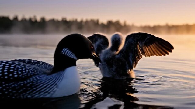 A loon and chick swim on a lake at dawn, with a soft, golden light and misty trees in the background