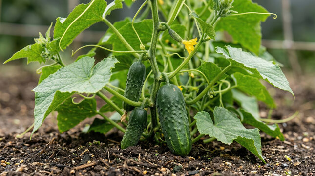 Photorealistic Macro Vegetable Garden Plant Series: Cucumber Vine with Cucumbers