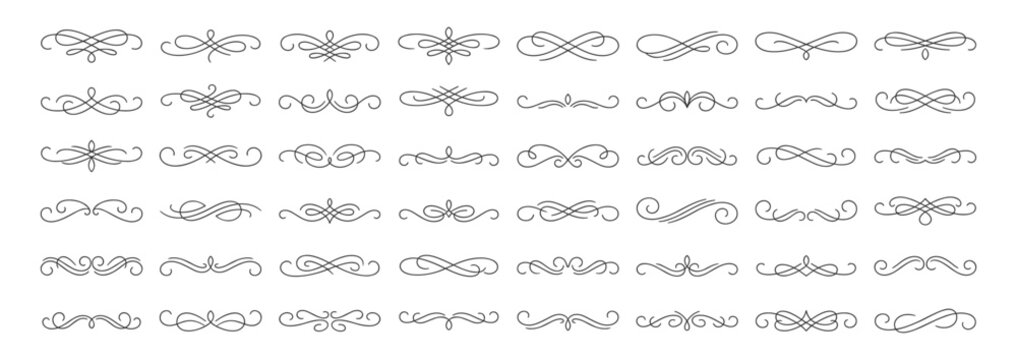 Decorative flourish divider ornaments set with vintage swirl filigree scroll elements and elegant ornamental separators on transparent background