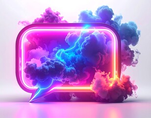 Neon speech bubble filled with swirling colorful smoke on white background, with pink, blue, and yellow hues