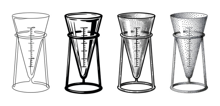 Four rain gauge illustrations in different artistic styles, including line art, engraving, and stippling, showing a collection of meteorological measuring instruments for precipitation