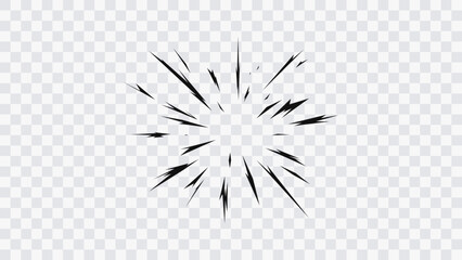  Dynamic anime action element for fight scenes, sound effects, posters and graphic design. Comic style radial impact burst effect. Black manga speed lines explosion isolated on transparent background.