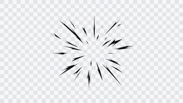  Dynamic anime action element for fight scenes, sound effects, posters and graphic design. Comic style radial impact burst effect. Black manga speed lines explosion isolated on transparent background.
