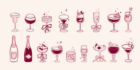 Obraz premium Burgundy hand drawn cocktail party set with wine glasses and champagne bottles. Retro illustrations collection.