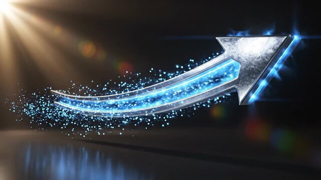 A luminous arrow with glowing blue trail, in a dark space with a light flare shining from the top left
