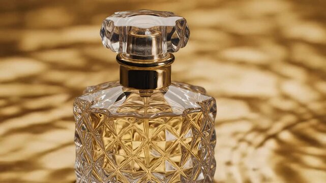 Luxurious Perfume Bottle with Crystal Cap on Golden Background.