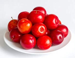 Pile of ripe red plums on a white plate, set against a plain white background