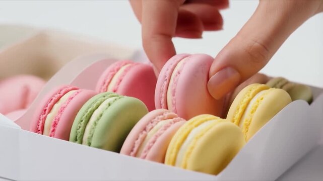 Taking from box macarons French sandwich cookie