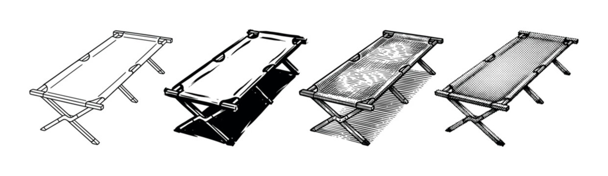 Set of four folding camp cots illustrated in different graphic styles including line art, high contrast, engraving, and halftone dot pattern for a retro or vintage look
