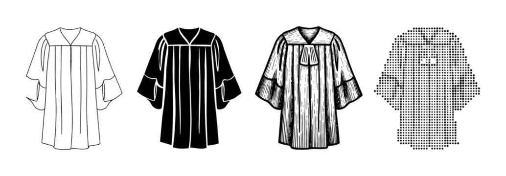 Set of black judicial robes in four different graphic styles including outline, silhouette, detailed engraving, and dotted halftone for legal or academic concepts