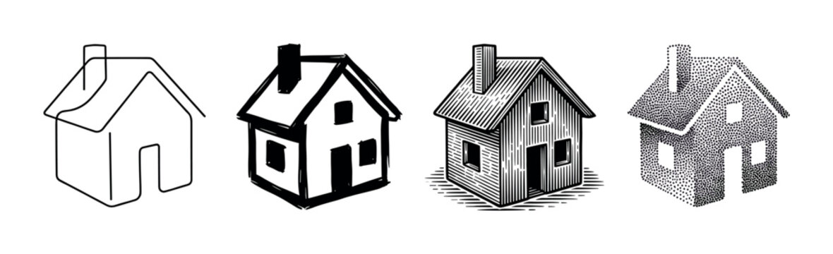 Four black and white house illustrations showing different artistic styles including line art, sketch, engraving, and stippling for real estate or architectural concepts